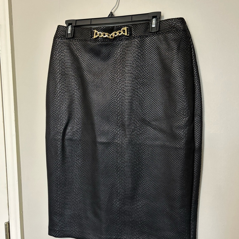 Marc New York Black Faux Leather Pencil Skirt with Gold Buckle